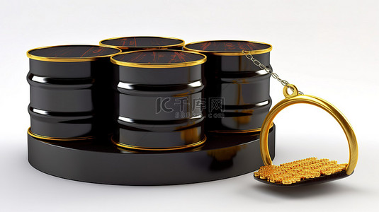 黑色背景图片_金条顶部的黑色油桶位于基本秤上，背景为 3D 创建的白色背景