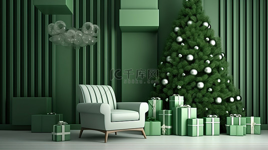 圣诞节主题客厅的 3D 渲染，配有绿色板条面板礼物和椅子