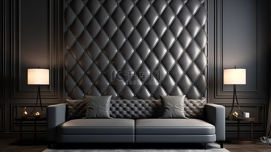 带沙发和墙板装饰的 3D 渲染室内客厅设计