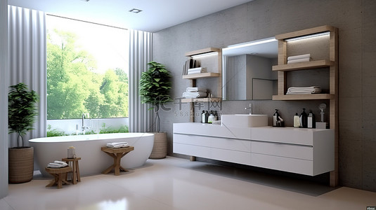 现代浴室 d cor 配有时尚家具 3d 渲染