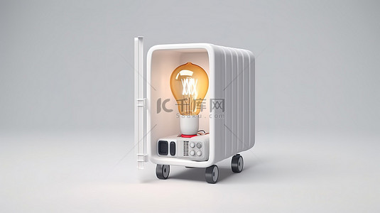 白色背景下与创意灯泡概念连接的便携式房间空调的 3D 渲染
