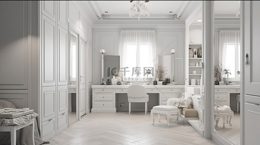 带化妆桌的白色卧室和步入式衣橱 3d 渲染