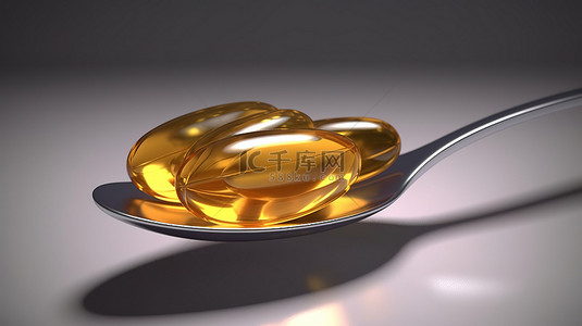 带有 omega 3 鱼油胶囊的金属勺子的孤立 3D 渲染