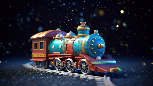 踏上外太空冒险之旅的卡通玩具火车的 3D 渲染图像