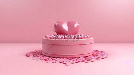 白色和粉色背景上的粉色礼品盒和心形装饰的 3D 渲染，用于情人节庆祝活动