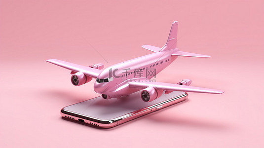 旅行粉色背景图片_3D 渲染粉色飞机停在粉色智能手机屏幕上的插图