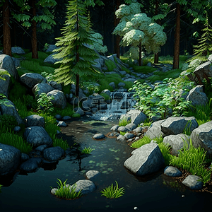 石头水流森林动画游戏卡通风景