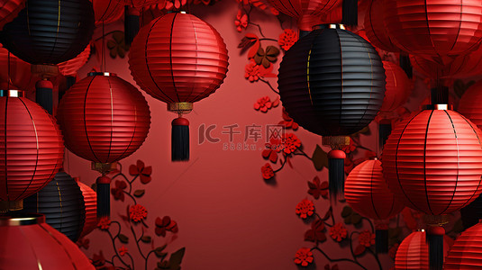 节日红色充满活力的中国灯笼的 3d 渲染