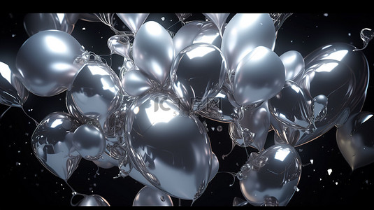 形状标签背景图片_黑色背景以 7 个 3D 插图形状的银色气球为特色