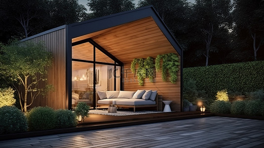 带封闭景观花园和 3D 室外休息区的木屋夜间外观设计