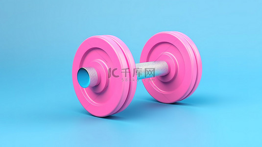 蓝色背景 3D 健身概念渲染上的粉色双色调铁哑铃