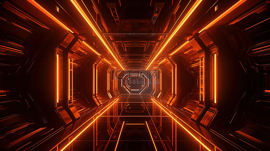 以 3D 渲染的抽象橙色宇宙飞船走廊的霓虹灯未来派插图
