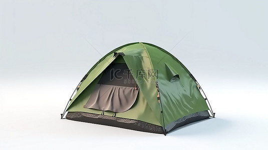 白色背景绿色旅游圆顶露营帐篷的 3D 渲染