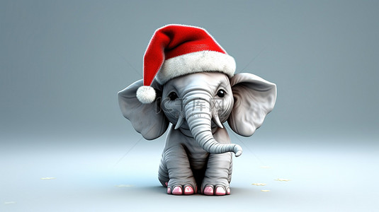 3d 大象与圣诞老人的帽子在一个有趣的插图