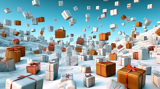 大量的圣诞礼物悬挂在空中令人惊叹的节日背景 3D 插图
