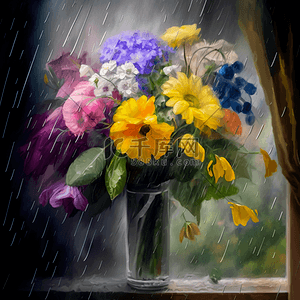 花束油画背景图片_非洲菊花朵雨滴雨中的花束油画花卉背景