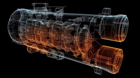 工电力工程背景图片_黑色背景下孤立内燃机的 X 射线风格 3D 插图