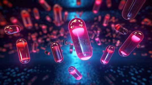 霓虹灯点亮的胶囊和药丸悬浮在半空中的 3D 插图