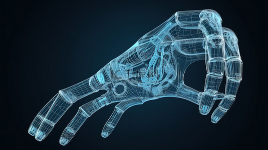 人手机械臂背景图片_3D 渲染中机器人手的蓝图，蓝色背景上有比例