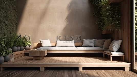 室内设计平背景图片_在 3D 渲染中俯瞰花园的木制平台上的 l 形沙发视图