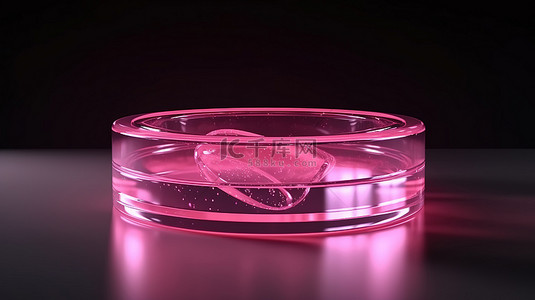 水晶心形背景图片_粉红色化妆品讲台上带有漂浮水晶心的心形发光环的 3d 渲染