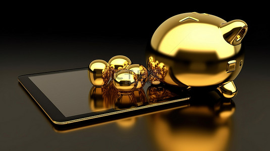 闪亮的金色存钱罐和平板电脑的 3D 插图