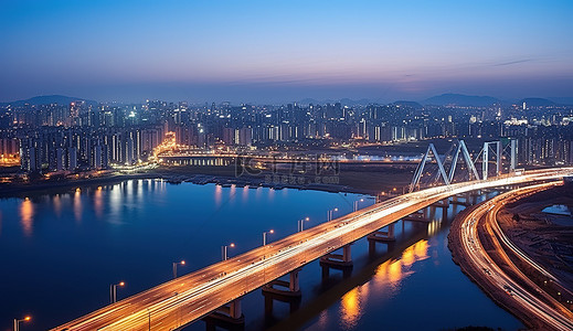 傍晚时分的背景图片_黄昏时分的道路和河桥 傍晚时分 首尔 kr