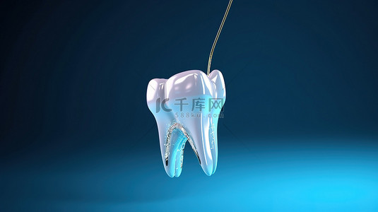 定期做毛囊清洁背景图片_蓝色背景上使用牙线 3d 渲染的有效牙齿清洁