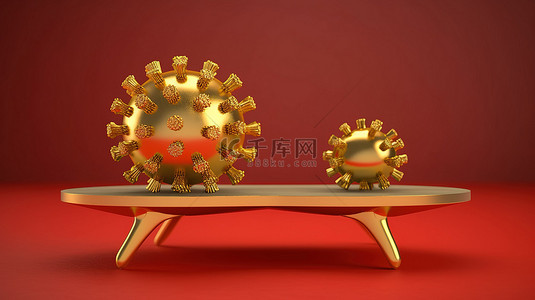金币和红色冠状病毒3d渲染之间的拉锯战