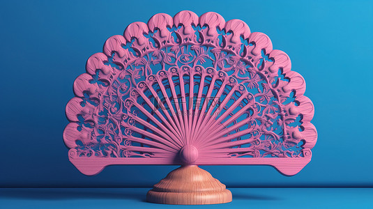 粉红色背景下蓝色木手扇的双色调风格 3D 渲染