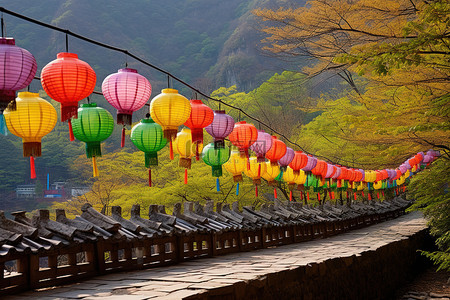 狗年元宵节背景图片_寺庙前的一条小路挂满了五颜六色的灯笼