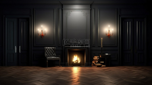 优雅的单色装饰，黑色内饰的 3D 渲染插图，配有门镶木地板和装饰着蜡烛的壁炉