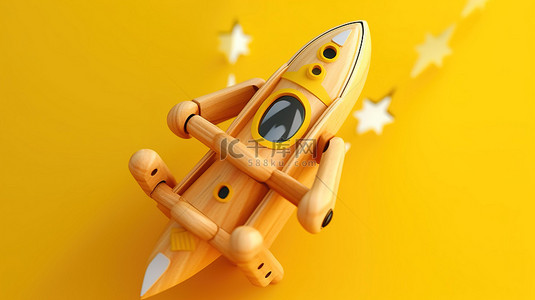 旅游黄色背景背景图片_木制弹弓玩具武器在充满活力的黄色背景 3D 渲染中将儿童玩具火箭发射到天空