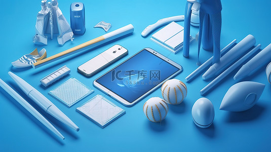 板球场，配有 3D 渲染锦标赛设备和蓝色背景的智能手机插图