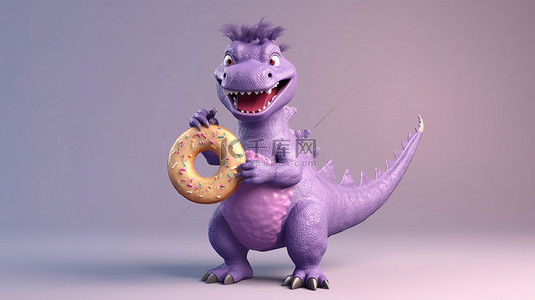 俏皮的紫色恐龙举着牌子和甜点