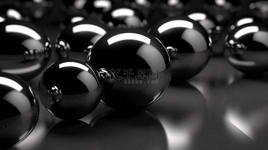 在黑暗环境中抽象 3D 渲染中有光泽的黑色球体