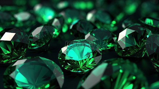 丰富的绿色背景上一组祖母绿钻石的 3D 插图