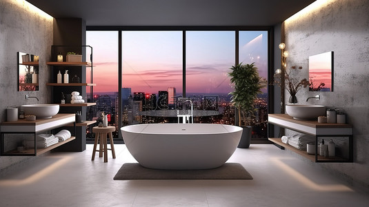精致简单背景图片_时尚精致的浴室配有现代浴缸 3D 渲染插图