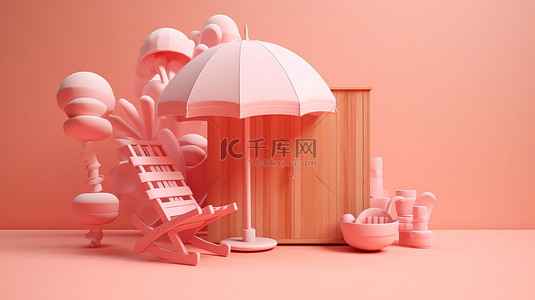 手提箱装满海滩必需品木板伞椅和救生圈，在粉红色背景下进行 3D 渲染
