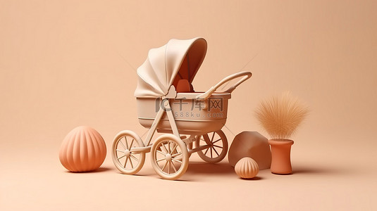 从出生到变老背景图片_时尚现代的婴儿车和婴儿车模型，采用粘土风格，白色背景