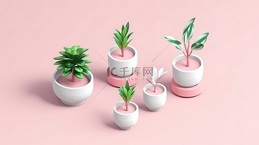 植物多肉背景背景图片_白宫植物的 3D 图标，位于等距四足盆中，周围环绕着平坦的白色和粉色家居用品