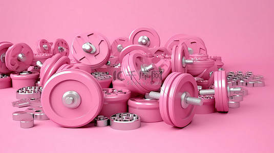 3D 渲染的粉红色隔离背景上拆卸的粉红色重量板和哑铃
