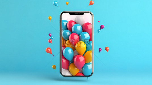上新模板背景图片_蓝色背景上带有充满活力的气球的智能手机的现代时尚 3D 插图
