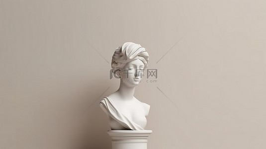 米色和白色背景 3D 渲染讲台上的简约和未来派女性半身雕像