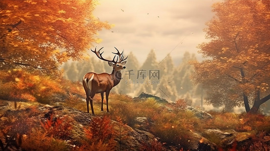 大自然的 3D 插图，以森林中雄伟的鹿为特色