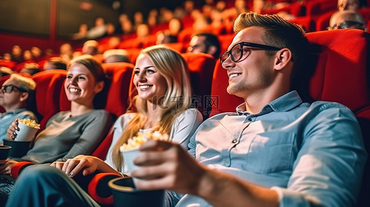 戴着 3D 眼镜的快乐情侣享受爆米花和大屏幕上的电影