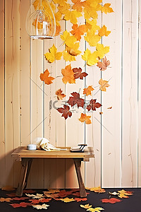 桶背景图片_垂悬在一张木桌上的秋叶