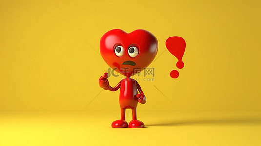 3d 渲染的红心吉祥物，带有黄色背景和问号符号