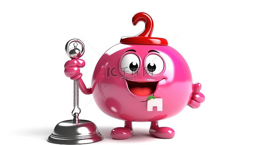 吉祥物角色的 3D 渲染，一个大的粉红色釉面甜甜圈，在白色背景下设置酒店服务铃