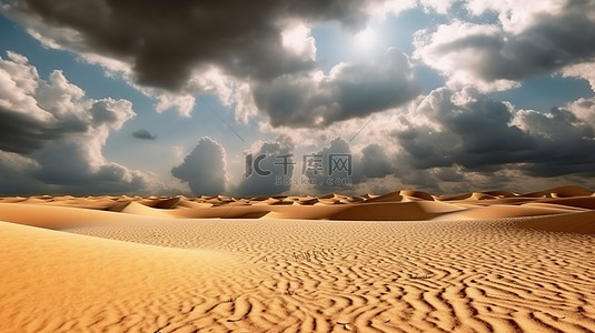 黄沙背景图片_黄沙和灰色地平线的沙云沙漠景观的 3D 插图